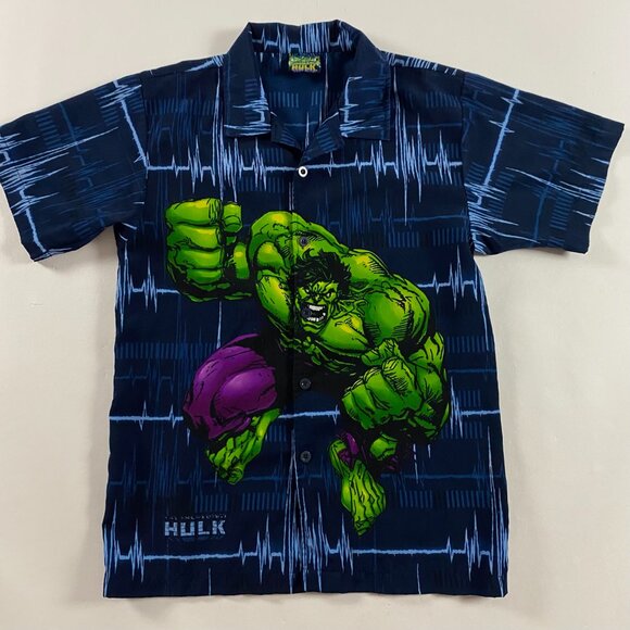 Vintage Incredible Hulk Shirt Boy's XL Mens Small All Over Print Button Up - Picture 1 of 10